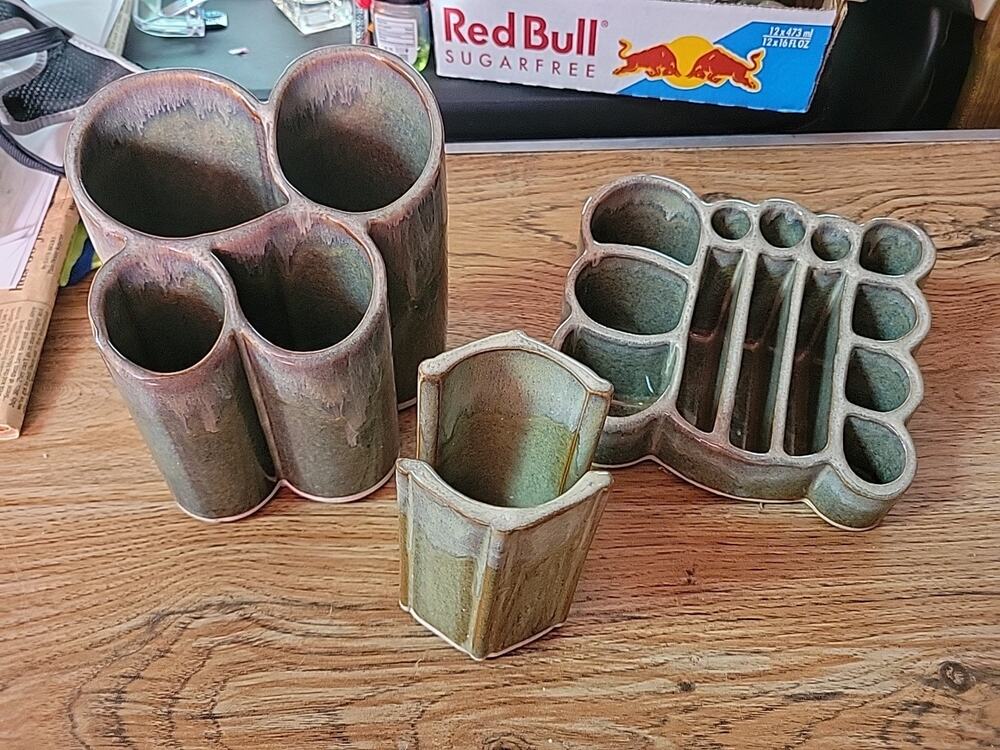 Bay Pottery Color Drip Glaze Vase Stationary Makeup Organizer Greenish Set Of 3